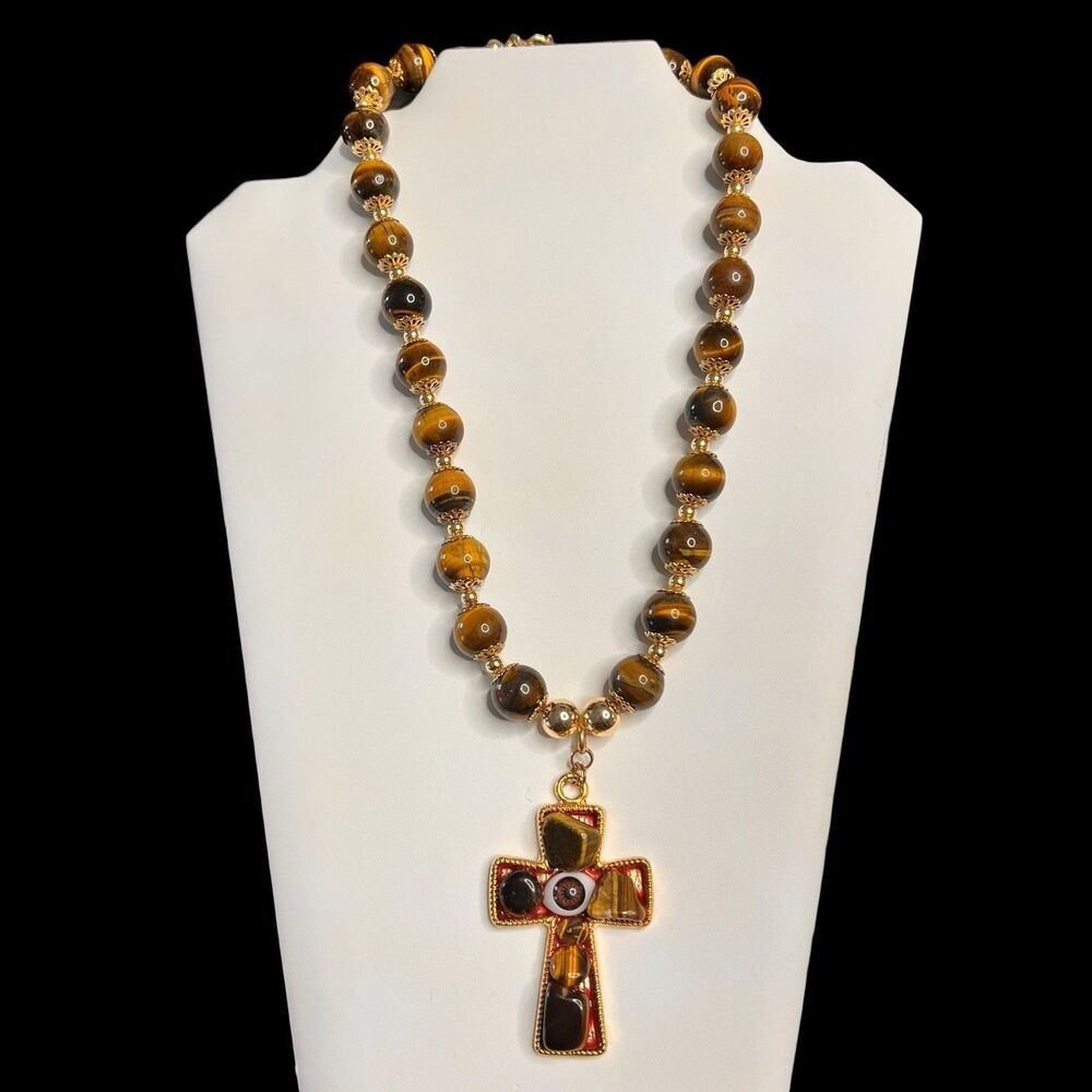 Natural Tiger's Eye Chunky Beaded Necklace & Cross Pendant Handcrafted Jewelry